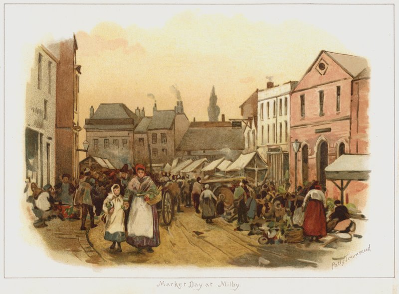 Tržní den v Milby (barevná litografie) od English School