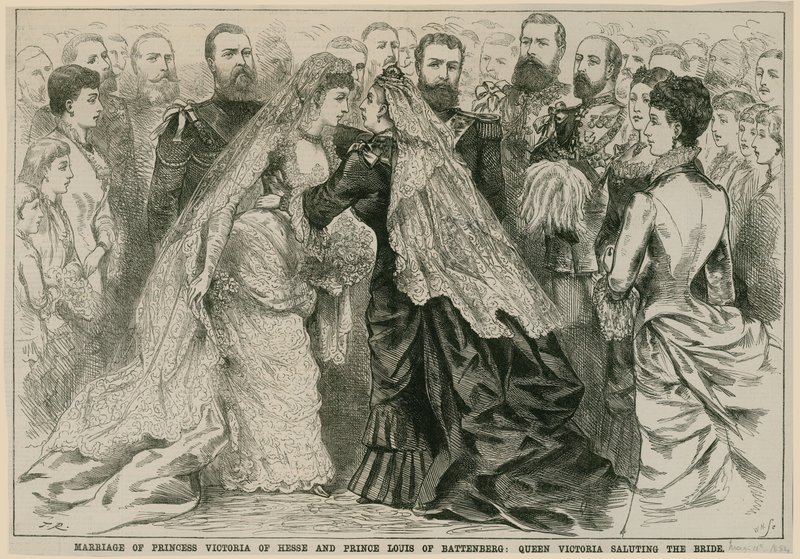Sňatek princezny Viktorie Hesenské a prince Ludvíka z Battenbergu, královna Viktorie pozdravující nevěstu, 16. května 1884 od English School