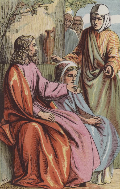 Marta žádá našeho Pána, aby nabídl Marii, aby jí pomohla (barevná rytina) od English School