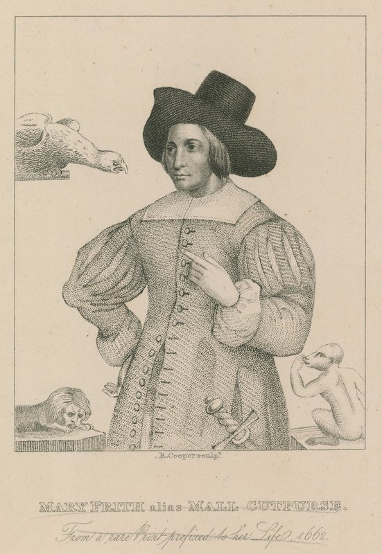 Mary Frith, alias Moll Curpurse, ze vzácného tisku s předponou k jejímu životu, 1662 od English School