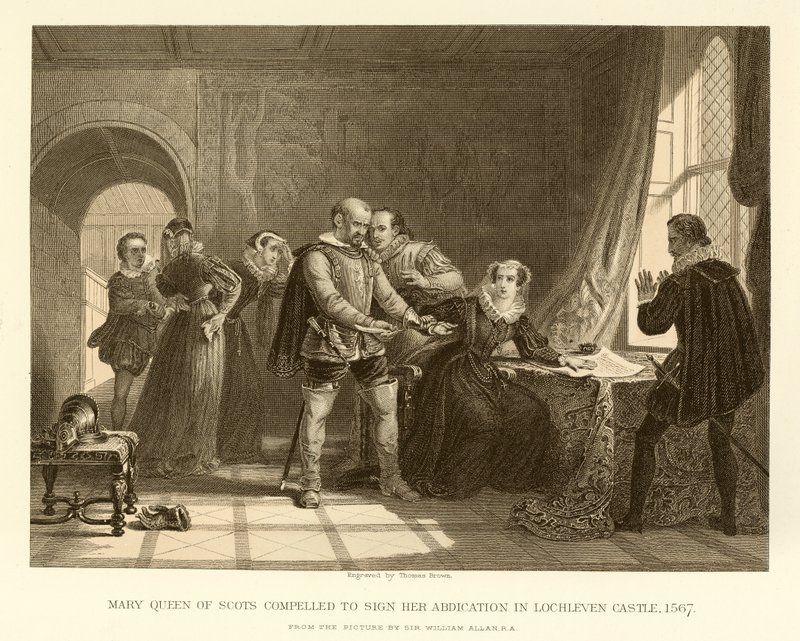 Mary Queen of Scots byla nucena podepsat svou abdikaci na zámku Lochleven od English School
