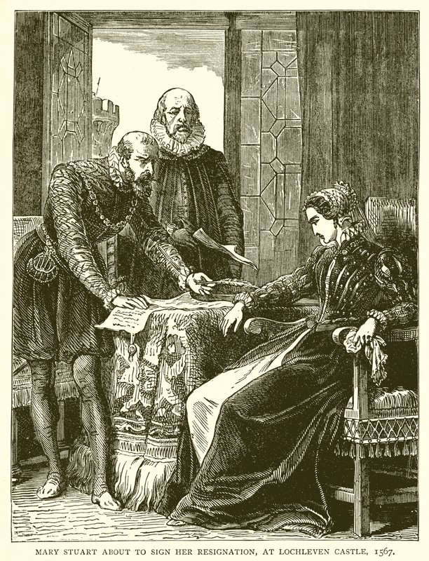 Marie Stuartovna o podepsání své rezignace na zámku Lochleven, 1567 od English School