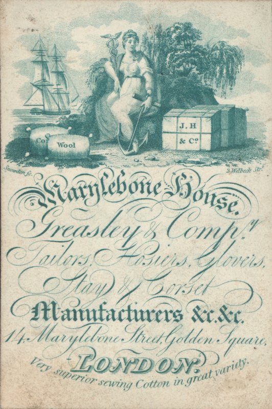 Marylebone House, Greasley & Co, krejčí, punčochy, rukavice, výrobci pobytů a korzetů, 14 Marylebone Street, Golden Square, obchodní karta od English School