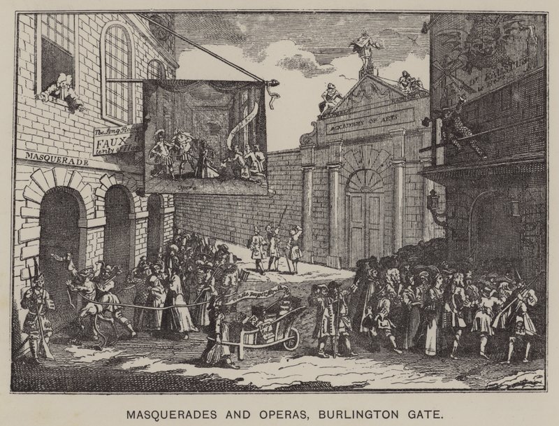 Maškarády a opery, Burlington Gate (rytina) od English School
