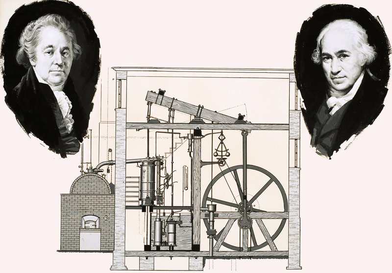 Matthew Boulton a James Watt s jedním z patentovaných parních strojů od English School