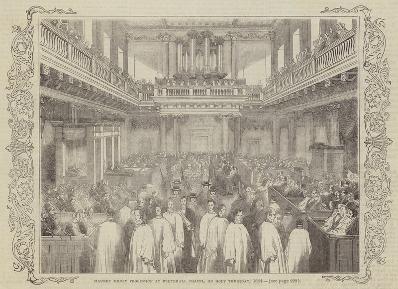 Procesí Maundy Money ve Whitehall Chapel, na Zelený čtvrtek 1844 od English School
