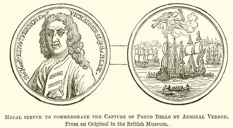 Medaile udeřila na památku dobytí Porto Bello admirálem Vernonem od English School