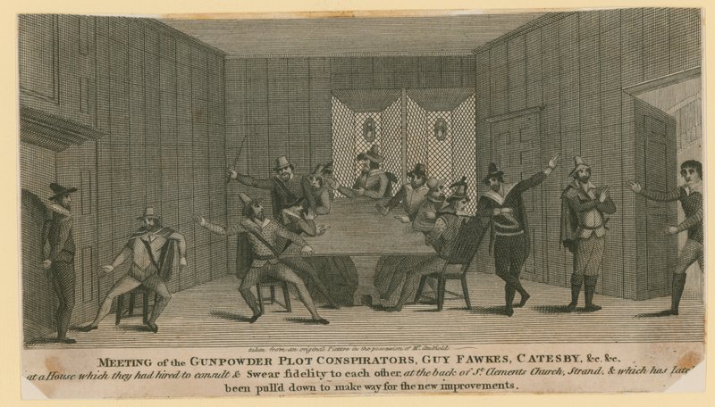 Setkání konspirátorů Gunpowder Plot, Guy Fawkes, Catesby atd od English School