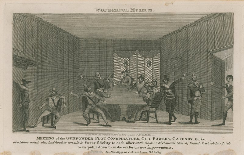 Setkání spiklenců spiknutí Gunpowder od English School