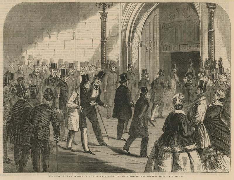 Členové Dolní sněmovny u soukromých dveří Sněmovny ve Westminster Hall od English School