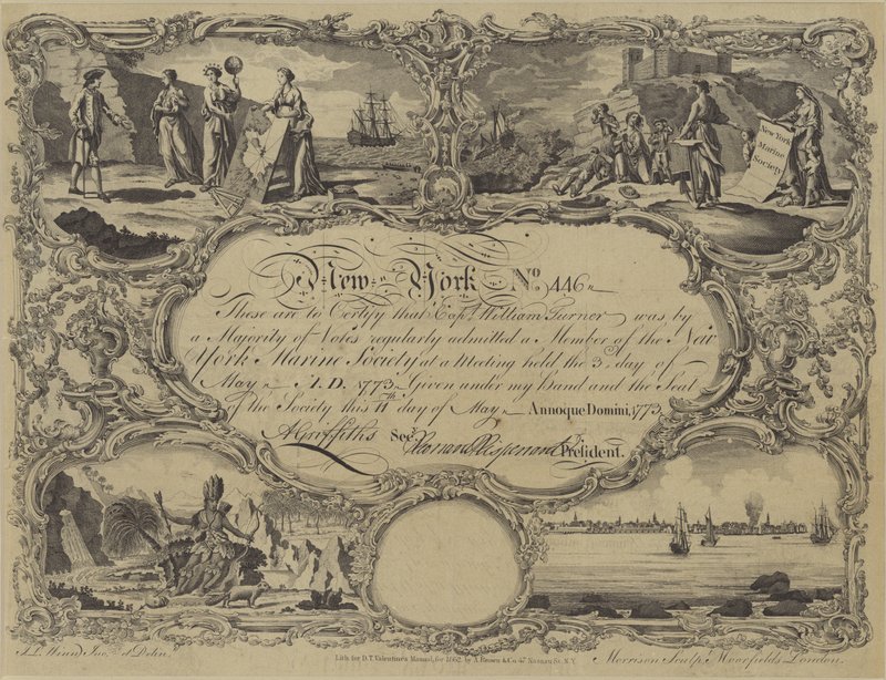 Osvědčení o členství v New York Marine Society, 1773 od English School