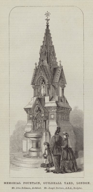 Memorial Fountain, Guildhall Yard, Londýn, pan John Robinson, architekt, pan Joseph Durham, ARA, sochař (rytina) od English School