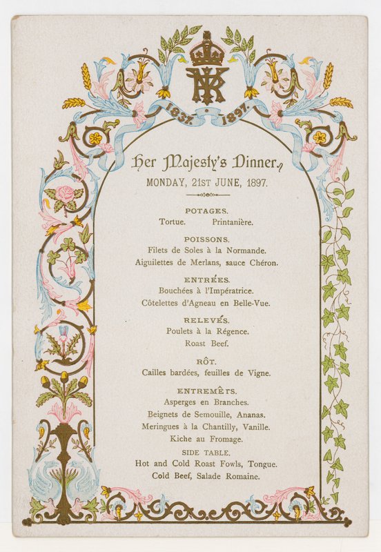 Menu pro večeři královny Viktorie v pondělí 21. června 1897, den před jejím diamantovým jubileem od English School