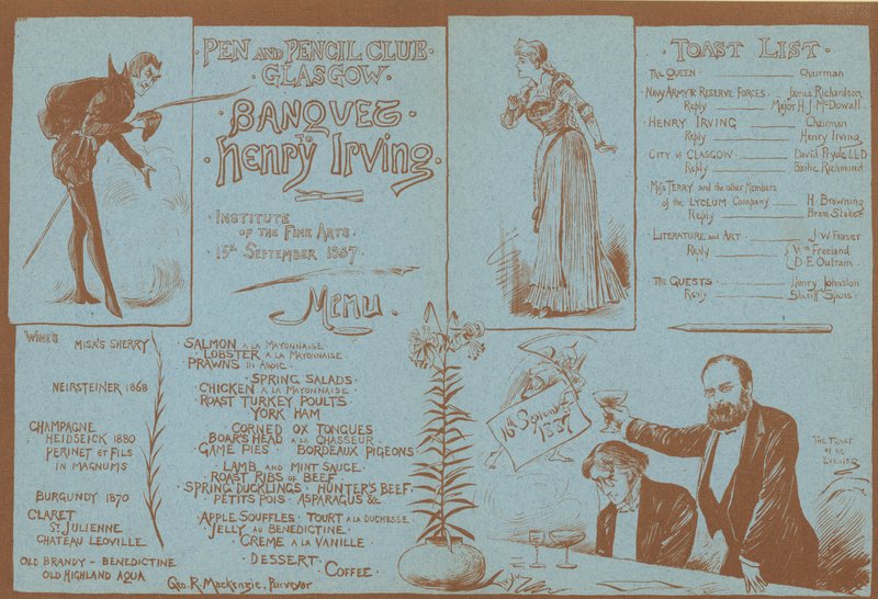 Menu pro banket na počest Henryho Irvinga, Pen and Pencil Club, Glasgow, 15. září 1887 od English School