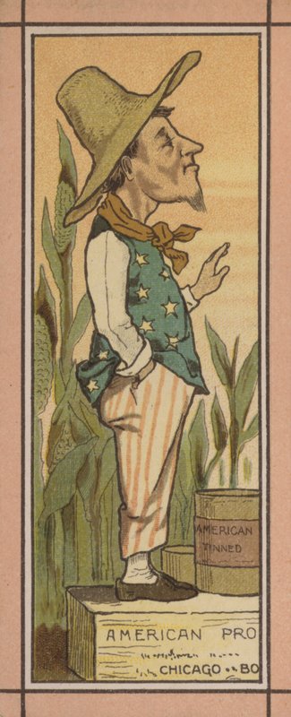 Ilustrace menu: Americké konzervy (barevná litografie) od English School