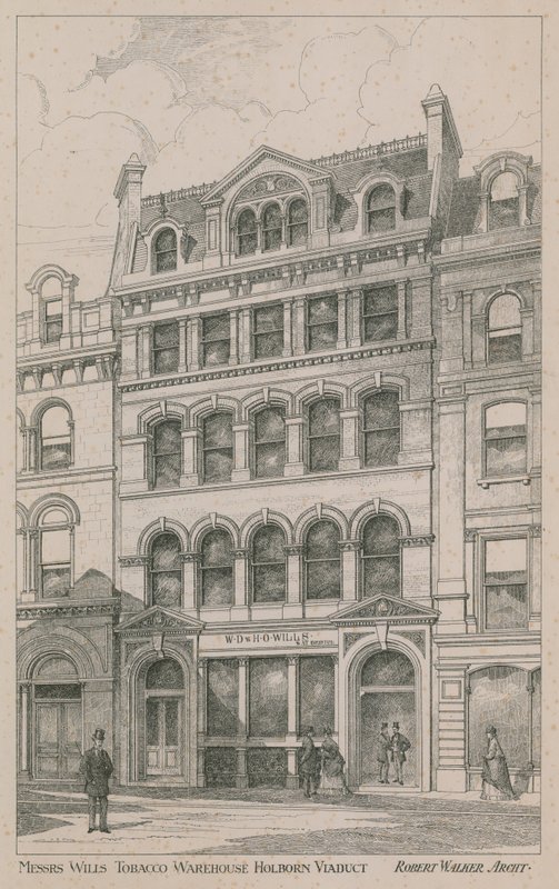 Pánové Willis Tobacco Warehouse, Holborn viadukt od English School