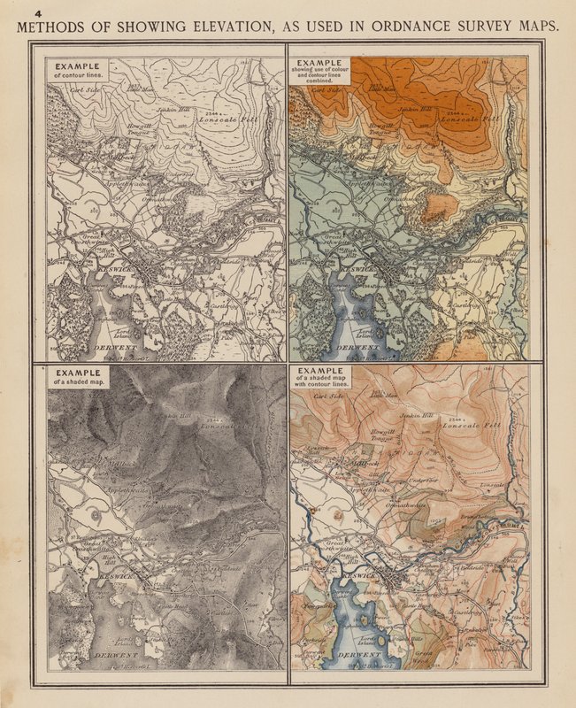 Metody zobrazování nadmořské výšky používané v mapách Ordnance Survey (barevná litografie) od English School