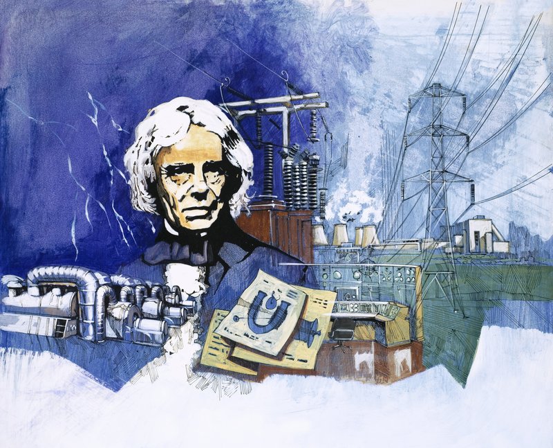 Michael Faraday s elektrickou elektrárnou v pozadí od English School