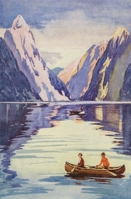 Milford Sound, Nový Zéland (barevná litografie) od English School