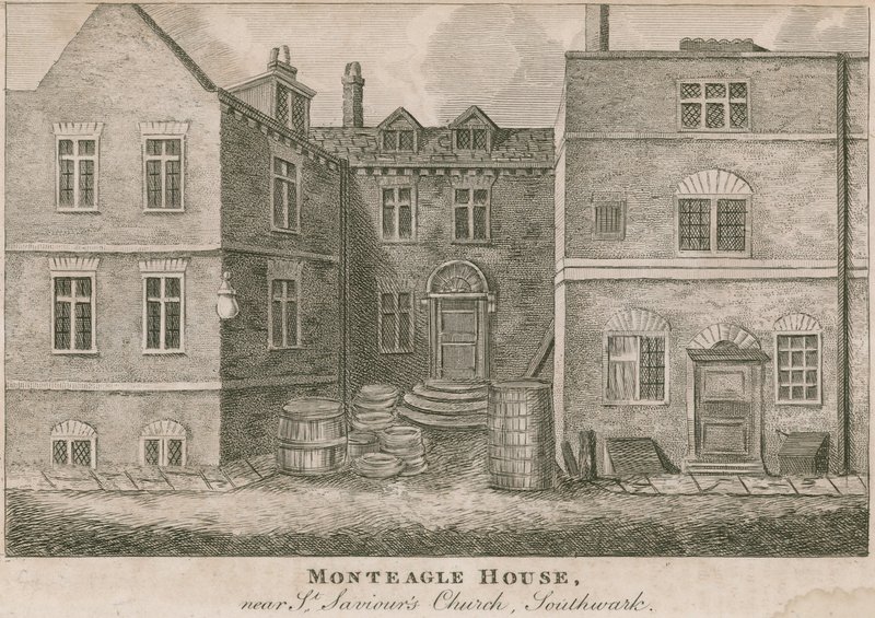 Monteagle House, poblíž kostela St Saviors, Southwark, Londýn od English School
