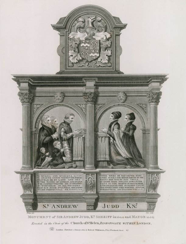 Památník Sir Andrew Judd, šerif a starosta, v St Helens Bishopsgate, Londýn od English School