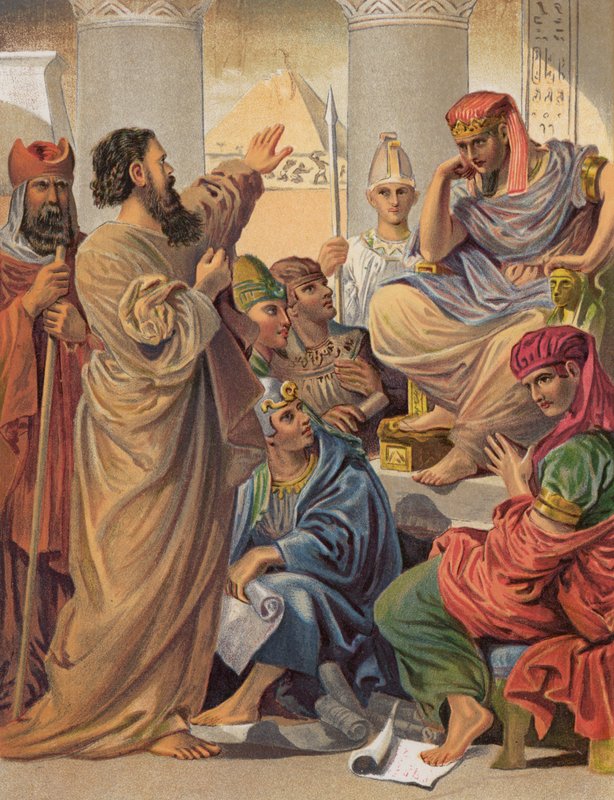 Mojžíš a Áron před faraónem, Exodus, VII (barevné lito) od English School