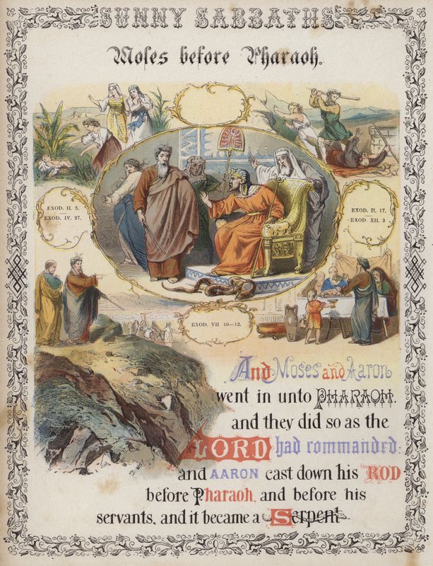 Mojžíš před faraónem (barevná rytina) od English School