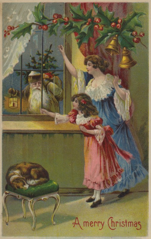 Matka a dcera, mávající Santa Clausovi (chromolitho) od English School