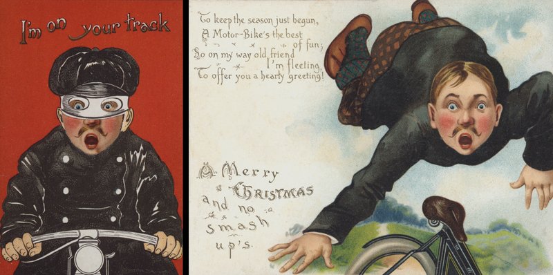 Vánoční přání s motorkářskou tématikou (chromolitho) od English School