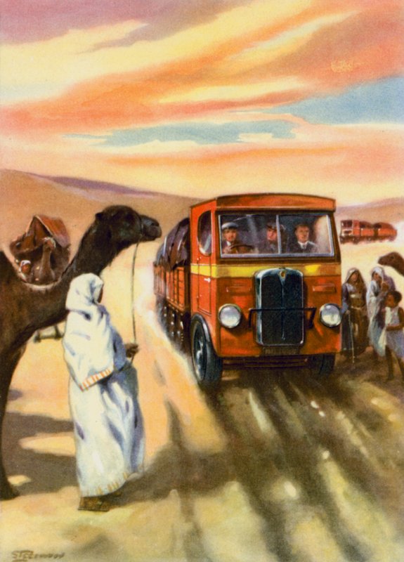 Jízda autem přes poušť (barevná litografie) od English School