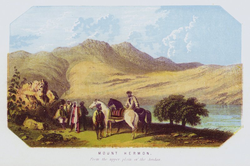 Mount Hermon, z horní pláně Jordánu (barva litho) od English School