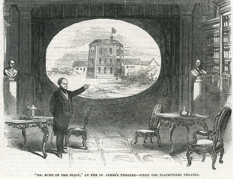 Pan Bunn na jevišti v divadle St Jamess - Scéna divadla Blackfriars Theatre od English School
