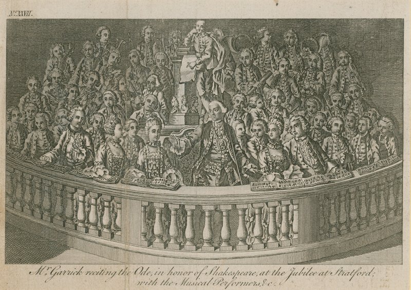 Pan David Garrick recitoval Ódu na počest Williama Shakespeara na jubileu ve Stratfordu od English School