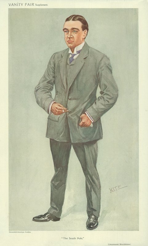 Pan Ernest Shackleton, Jižní pól, 6. října 1909, karikatura Vanity Fair od English School