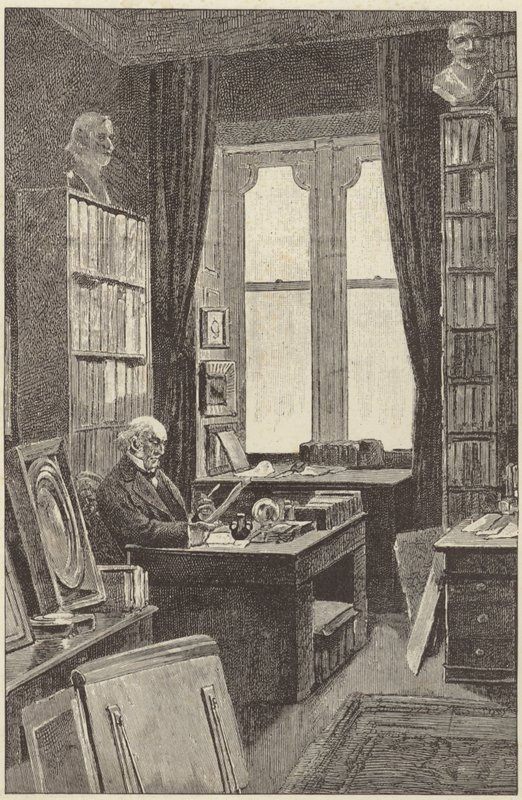 Pan Gladstone ve své knihovně na zámku Hawarden od English School