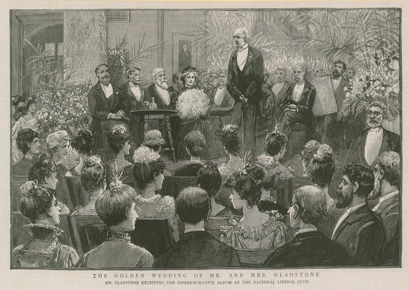 Pan Gladstone přebírá pamětní album v National Liberal Club od English School