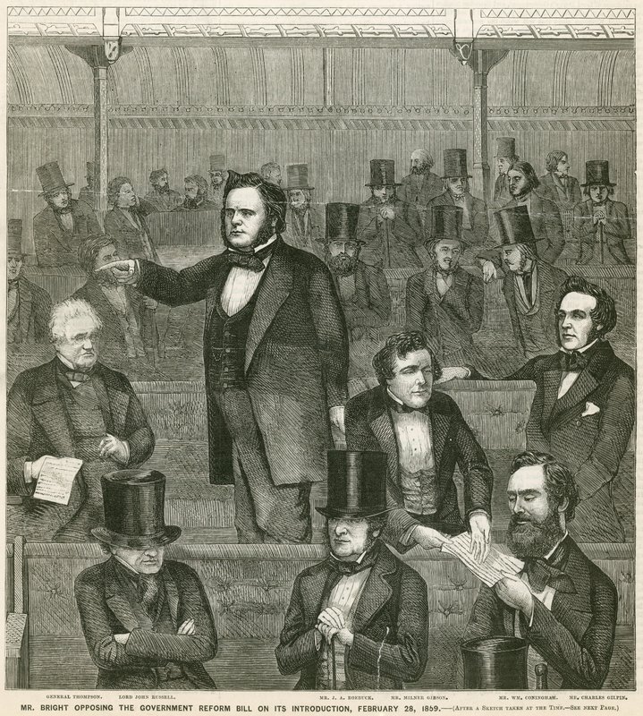 Pan John Bright se postavil proti vládnímu reformnímu návrhu na jeho zavedení, 28. února 1859 od English School