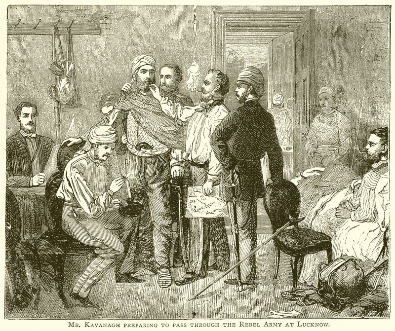 Pan Kavanagh se připravuje na průchod rebelskou armádou v Lucknow od English School