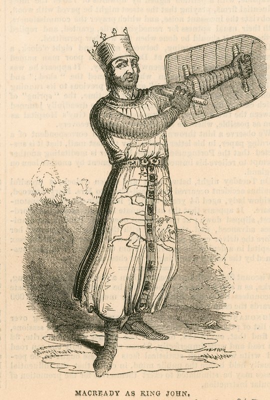 Pan Macready v titulní roli hry Král Jan, divadlo Drury Lane, Londýn od English School