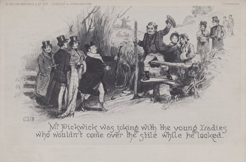 Pan Pickwick žertuje s mladými dámami (černobílá fotografie) od English School