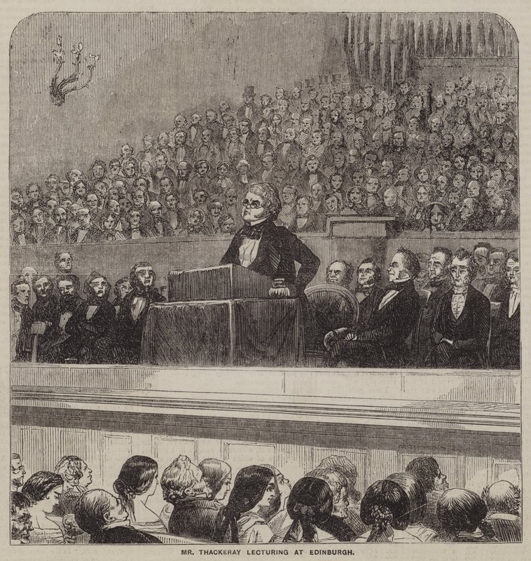 Pan Thackeray přednáší v Edinburghu (rytina) od English School