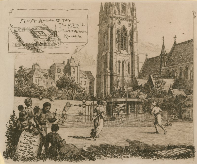 Pan a paní Andrew W Tuer Čaj a tenis v Church Walk Garden od English School
