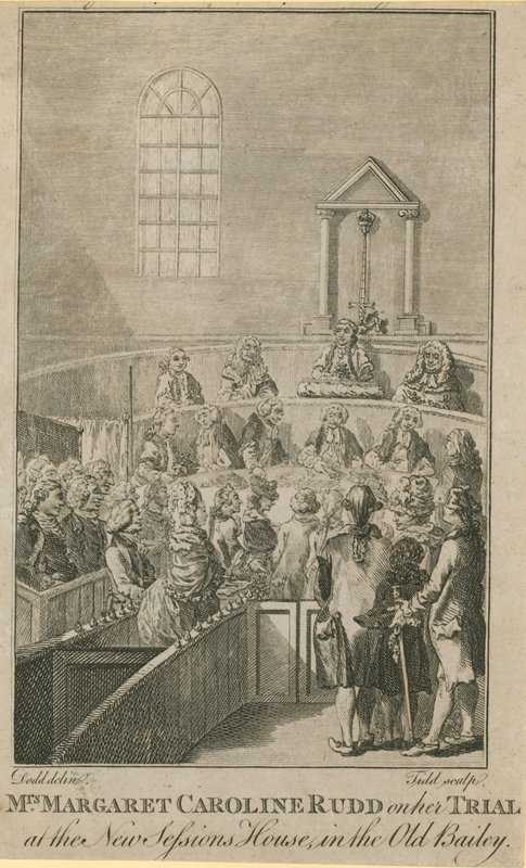 Paní Margaret Caroline Ruddová při soudním procesu v novém Sessions House v Old Bailey od English School