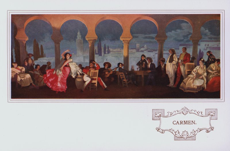 Nástěnné malby v restauraci Peter Robinson: Carmen (barevná litografie) od English School