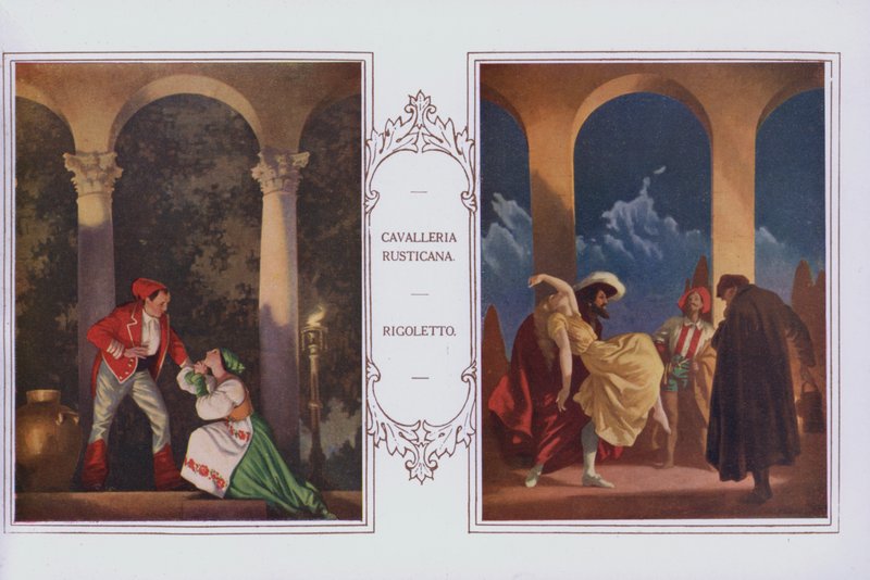 Nástěnné malby v restauraci Peter Robinson: Cavalleria Rusticana, Rigoletto (barva litho) od English School
