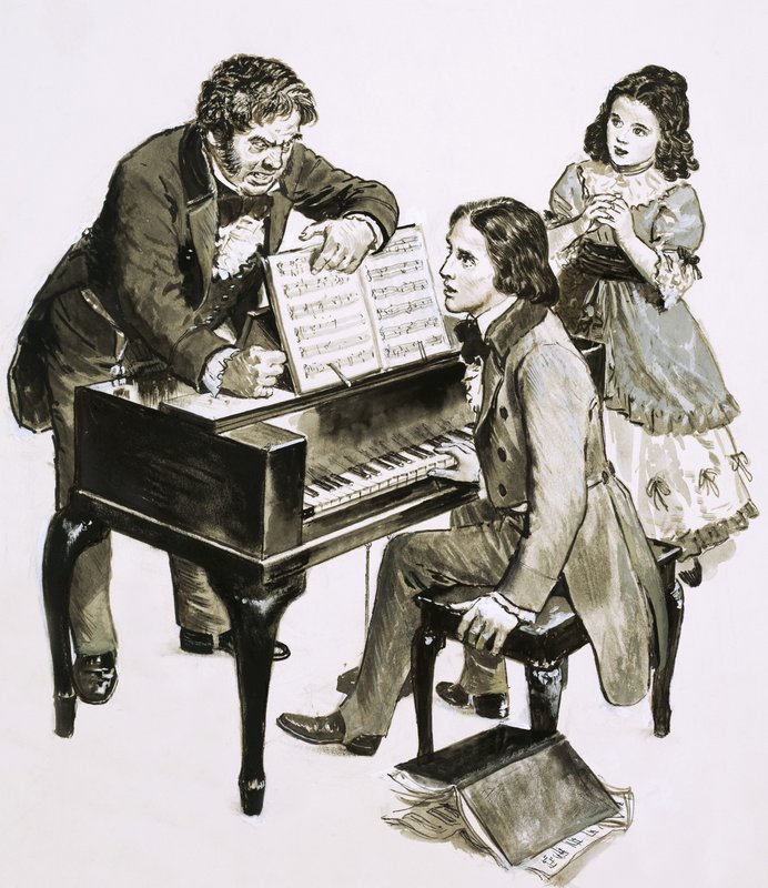 Učitel hudby Friedrich Wieck křičí na Roberta Schumanna, zatímco jeho dcera Clara Wieck přihlíží od English School
