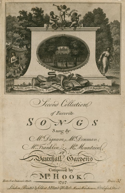Hudební partitura se sbírkou oblíbených písní zpívaných ve Vauxhall Gardens v Londýně, kterou složil pan Hook. od English School