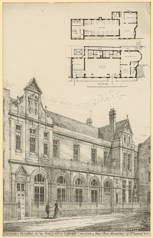 Národní nemocnice pro ochrnuté a epileptické: nové křídlo v Powis Place, Bloomsbury od English School