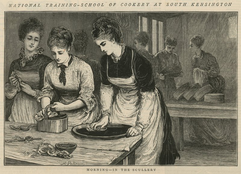 National Training School of Cookery at South Kensington: Ráno v umývárně od English School
