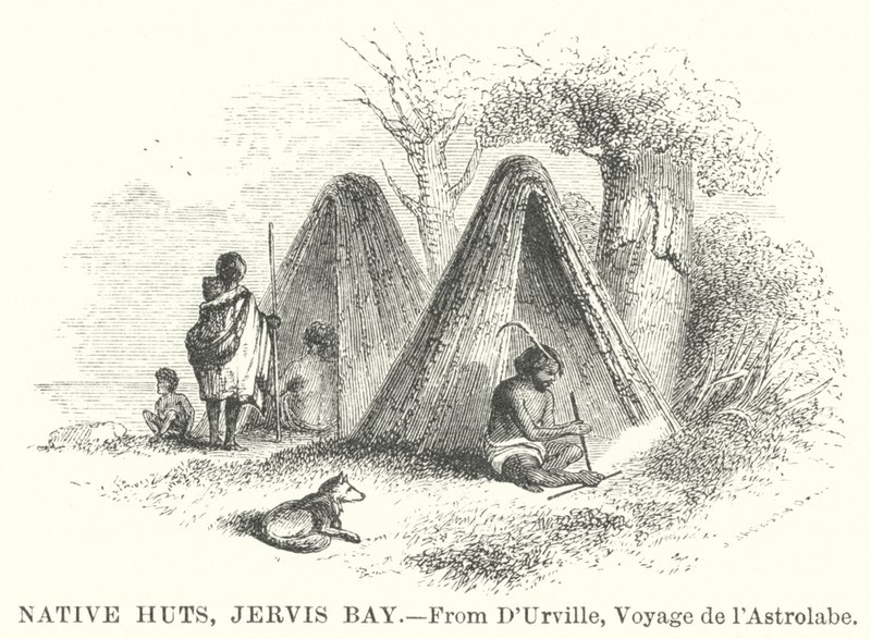 Domorodé chaty, Jervis Bay (rytina) od English School